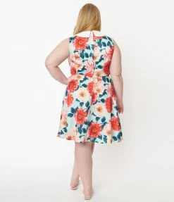 Sale Unique Vintage Plus Size Mint & Red Floral Flare Skirt