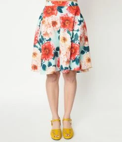 Sale Unique Vintage Mint & Red Floral Flare Skirt