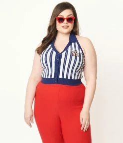 Fan Flair Popeye X Unique Vintage Plus Size Blue Striped Sweethaven Sweater