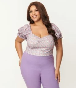 Unique Vintage Plus Size Calico Floral Print Whimsy Crop Top