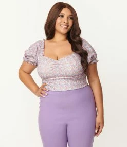 Unique Vintage Plus Size Calico Floral Print Whimsy Crop Top