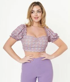 Unique Vintage Calico Floral Print Whimsy Crop Top