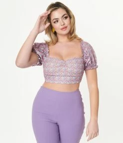 Unique Vintage Calico Floral Print Whimsy Crop Top