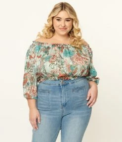 Unique Vintage Plus Size Mint Floral Print Sweet Stuff Crop Top Sale