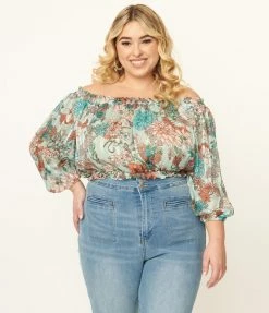 Unique Vintage Plus Size Mint Floral Print Sweet Stuff Crop Top Sale