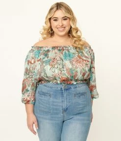 Unique Vintage Plus Size Mint Floral Print Sweet Stuff Crop Top Sale