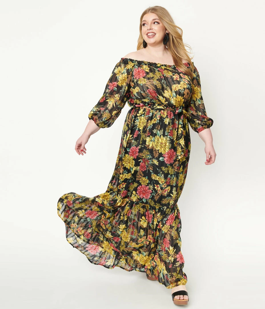 Unique Vintage Plus Size Black & Yellow Floral Print Sweet Escape Maxi Dress Sale