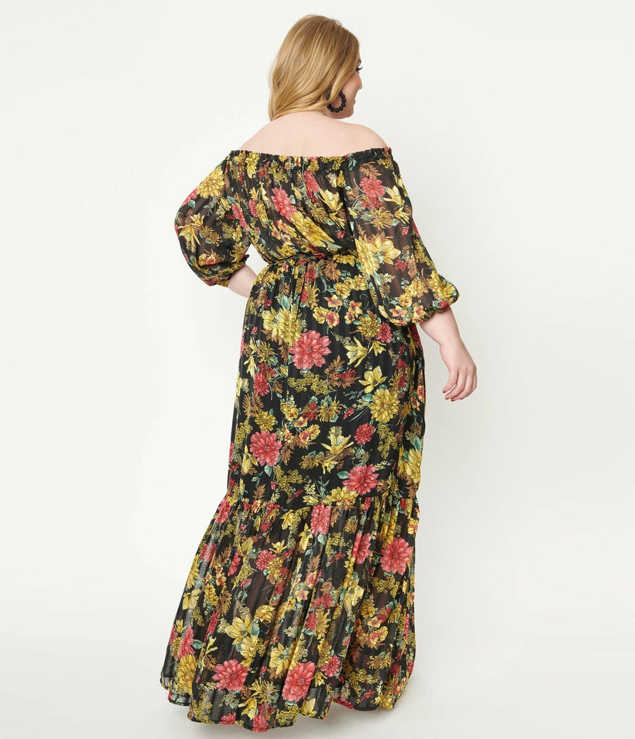 Unique Vintage Plus Size Black & Yellow Floral Print Sweet Escape Maxi Dress Sale