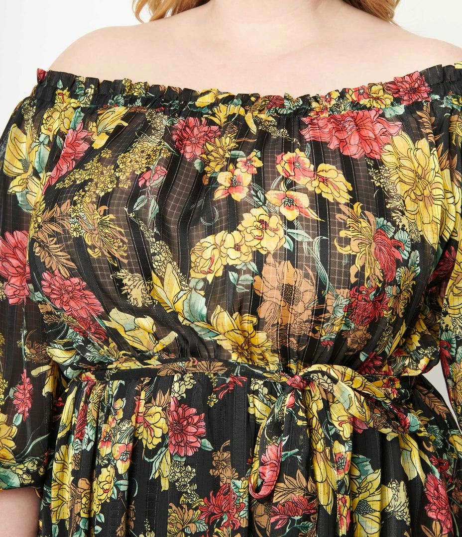 Unique Vintage Plus Size Black & Yellow Floral Print Sweet Escape Maxi Dress Sale