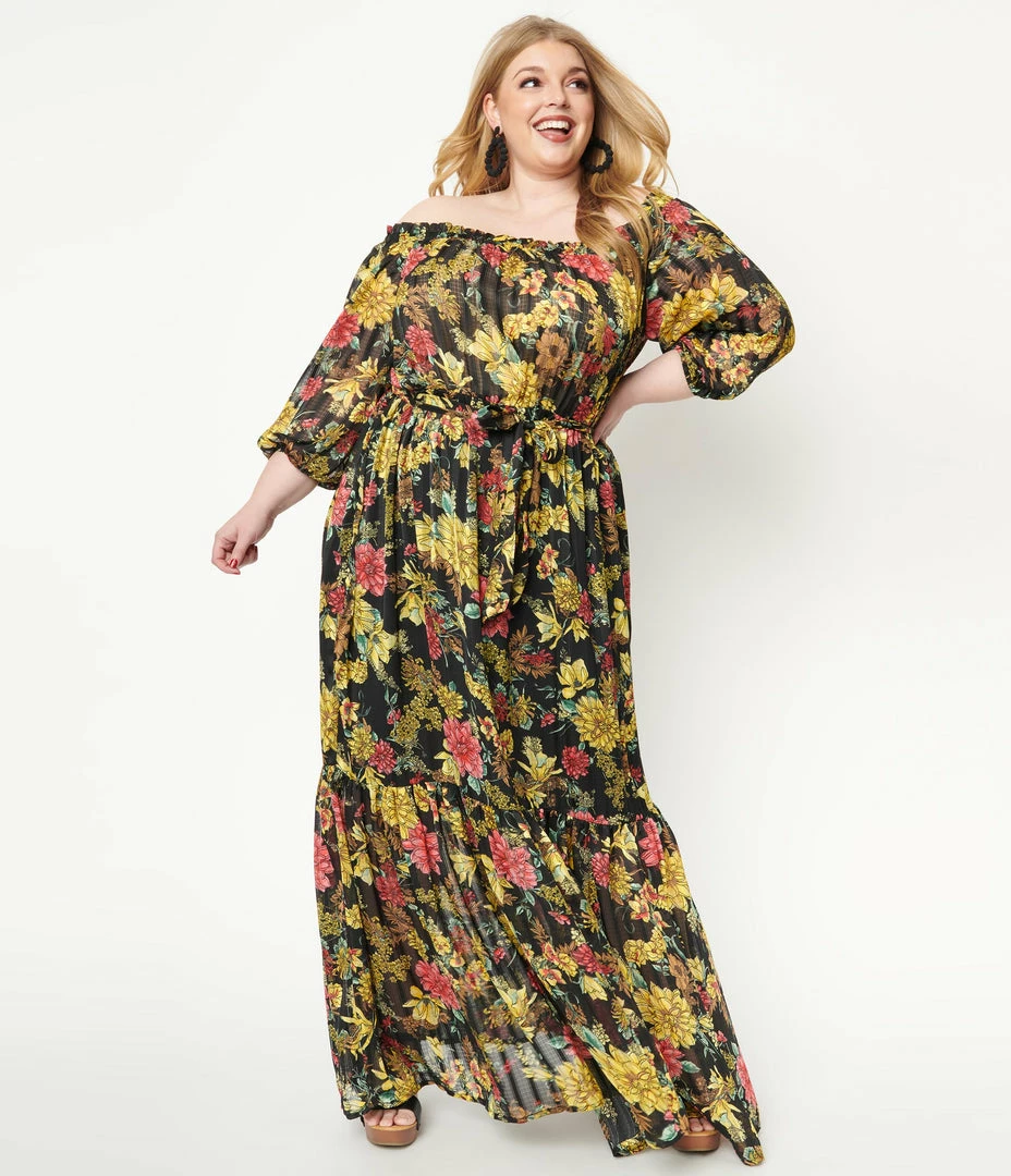 Unique Vintage Plus Size Black & Yellow Floral Print Sweet Escape Maxi Dress Sale