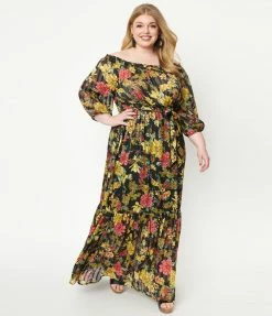Unique Vintage Plus Size Black & Yellow Floral Print Sweet Escape Maxi Dress Sale