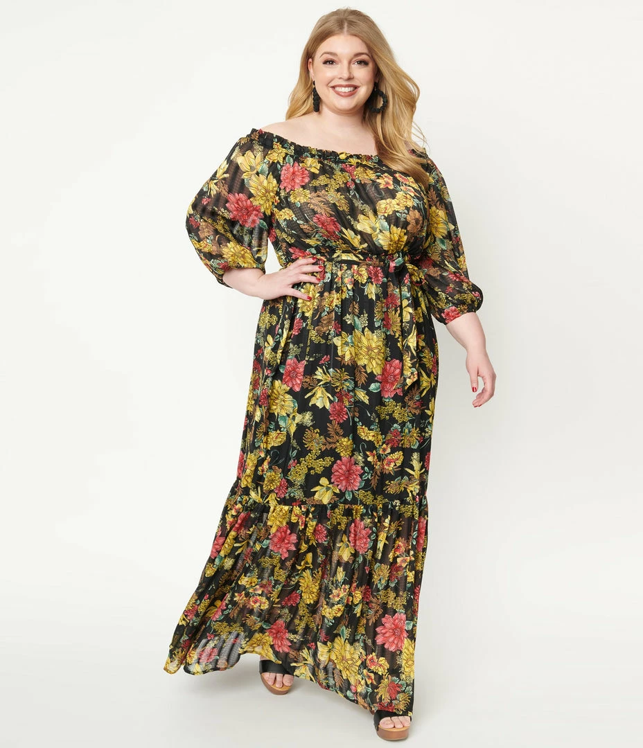 Unique Vintage Plus Size Black & Yellow Floral Print Sweet Escape Maxi Dress Sale