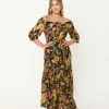 Unique Vintage Black & Yellow Floral Print Sweet Escape Maxi Dress