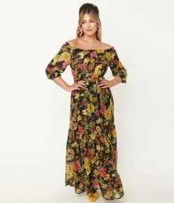 Unique Vintage Black & Yellow Floral Print Sweet Escape Maxi Dress