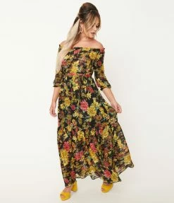Unique Vintage Black & Yellow Floral Print Sweet Escape Maxi Dress
