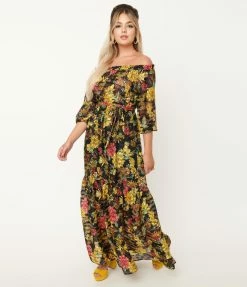 Unique Vintage Black & Yellow Floral Print Sweet Escape Maxi Dress