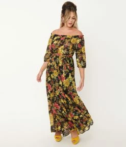 Unique Vintage Black & Yellow Floral Print Sweet Escape Maxi Dress