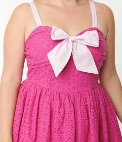 Unique Vintage Plus Size Fuchsia Eyelet Golightly Flare Dress