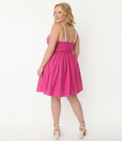 Unique Vintage Plus Size Fuchsia Eyelet Golightly Flare Dress