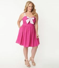 Unique Vintage Plus Size Fuchsia Eyelet Golightly Flare Dress