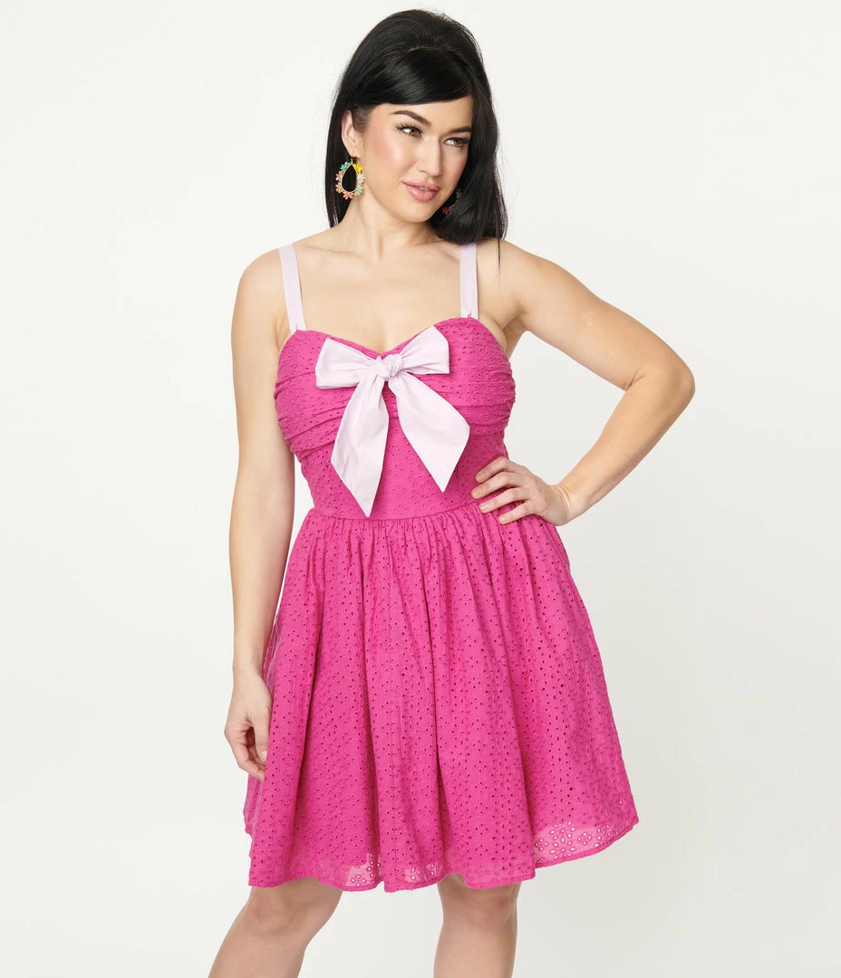 Unique Vintage Fuchsia Eyelet Golightly Flare Dress