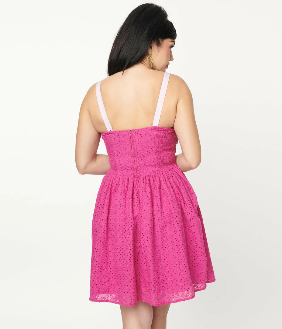 Unique Vintage Fuchsia Eyelet Golightly Flare Dress