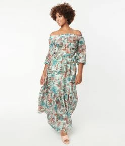 Unique Vintage Mint & Coral Floral Print Sweet Escape Maxi Dress Sale