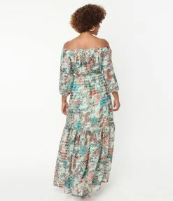 Unique Vintage Mint & Coral Floral Print Sweet Escape Maxi Dress Sale