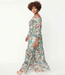 Unique Vintage Mint & Coral Floral Print Sweet Escape Maxi Dress Sale