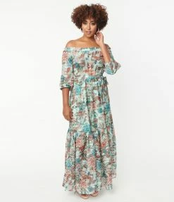 Unique Vintage Mint & Coral Floral Print Sweet Escape Maxi Dress Sale