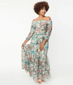 Unique Vintage Mint & Coral Floral Print Sweet Escape Maxi Dress Sale