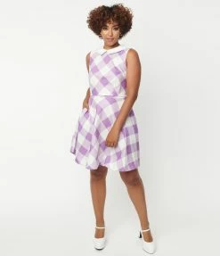 Unique Vintage Lavender & White Gingham Flare Skirt Sale