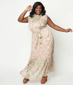 Sale Unique Vintage Plus Size Pink & Pastel Floral Print Beauty Queen Maxi Dress
