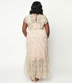 Sale Unique Vintage Plus Size Pink & Pastel Floral Print Beauty Queen Maxi Dress