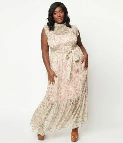 Sale Unique Vintage Plus Size Pink & Pastel Floral Print Beauty Queen Maxi Dress