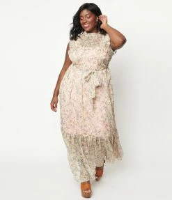 Sale Unique Vintage Plus Size Pink & Pastel Floral Print Beauty Queen Maxi Dress