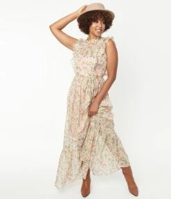 Unique Vintage Pink & Pastel Floral Print Beauty Queen Maxi Dress