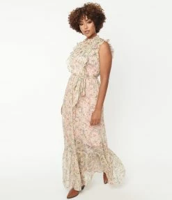 Unique Vintage Pink & Pastel Floral Print Beauty Queen Maxi Dress