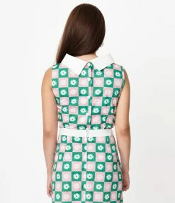 Smak Parlour Green & Pink Checkerboard Daisy Print Mod Top Sale