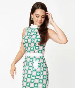 Smak Parlour Green & Pink Checkerboard Daisy Print Mod Top Sale