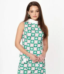 Smak Parlour Green & Pink Checkerboard Daisy Print Mod Top Sale