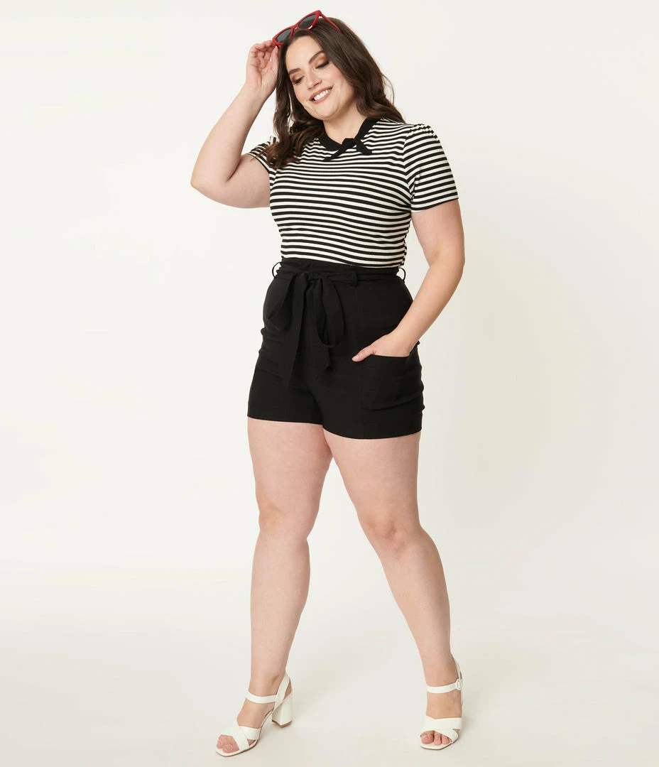 Unique Vintage Plus Size Black High Waist Tied & True Shorts Clothing