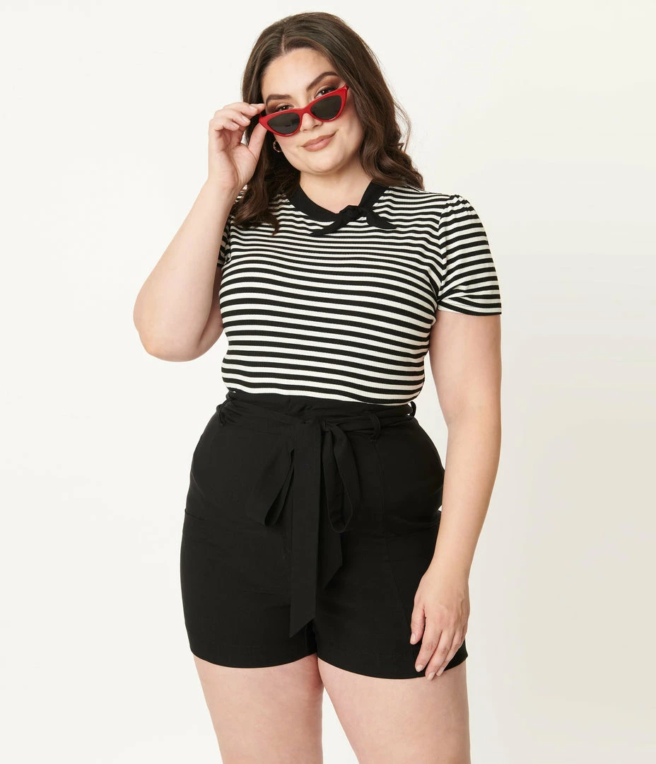 Unique Vintage Plus Size Black High Waist Tied & True Shorts Clothing