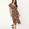 Unique Vintage Black & Pink Floral Midi Dress Sale