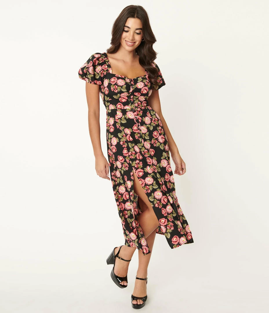 Unique Vintage Black & Pink Floral Midi Dress Sale