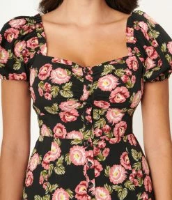 Unique Vintage Black & Pink Floral Midi Dress Sale