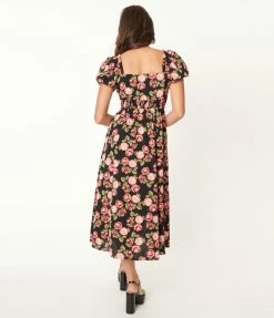 Unique Vintage Black & Pink Floral Midi Dress Sale