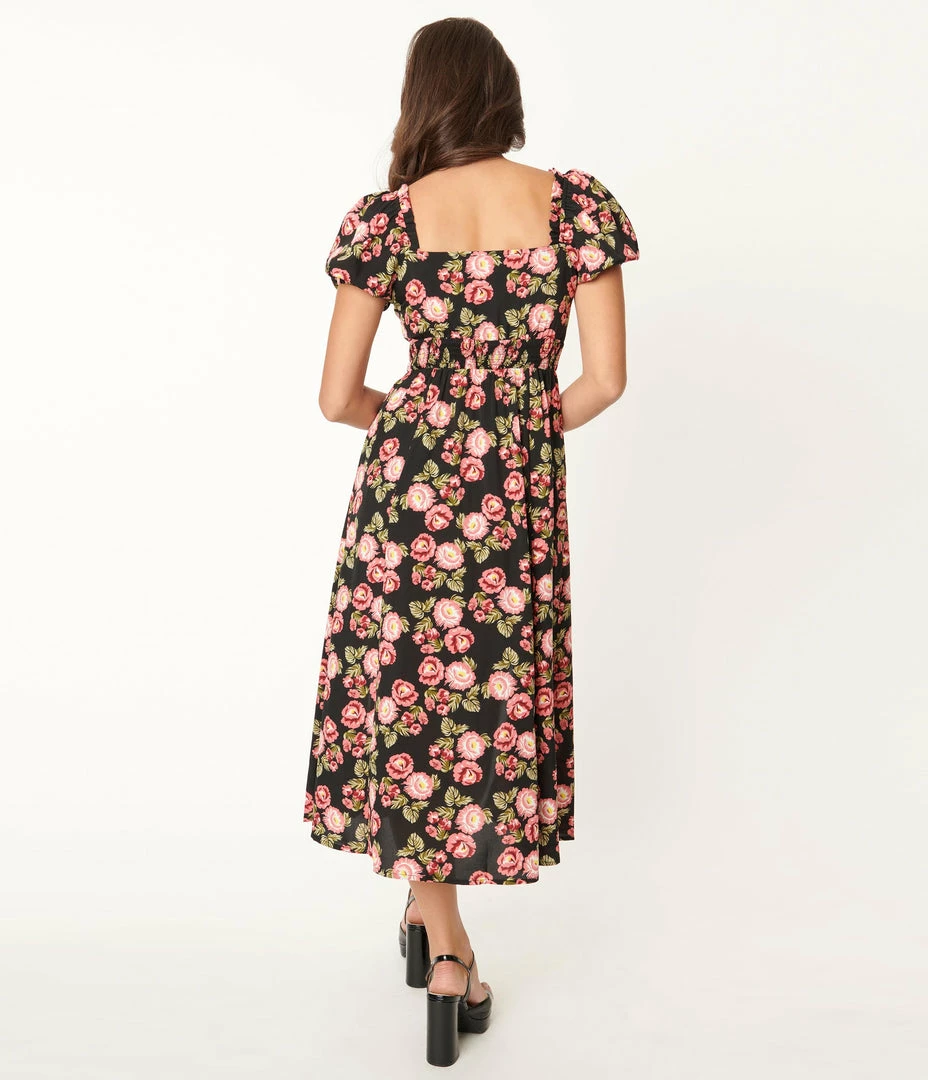 Unique Vintage Black & Pink Floral Midi Dress Sale