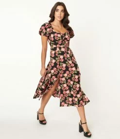 Unique Vintage Black & Pink Floral Midi Dress Sale