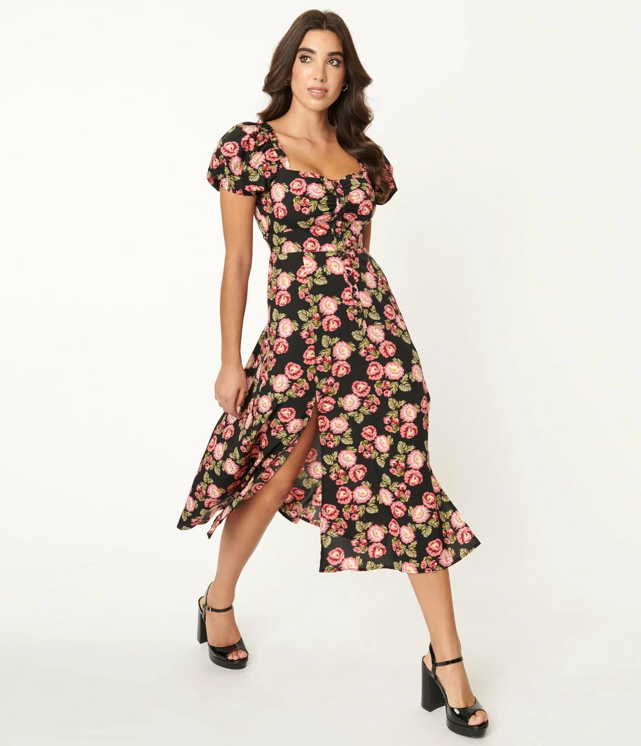 Unique Vintage Black & Pink Floral Midi Dress Sale